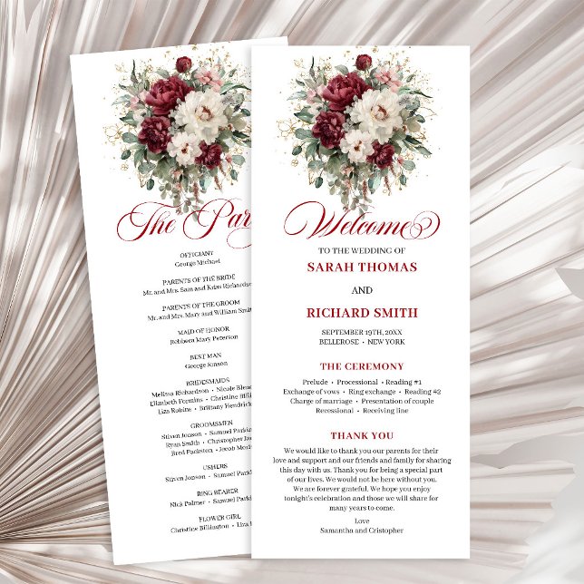 Programme de mariage long en or burgundy blush boh (Boho Blush Burgundy Gold Wedding Program Card)