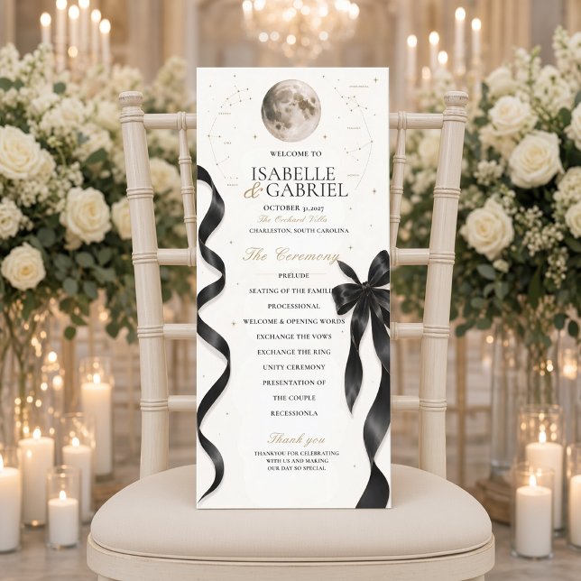 Programme de mariage Luxe Céleste Lune Noir Ruban  (Créateur téléchargé)