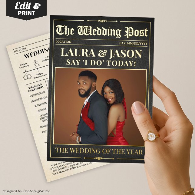 Programme de mariage luxueux en forme de journal a (Luxury Wedding Newspaper Program Foil Card)