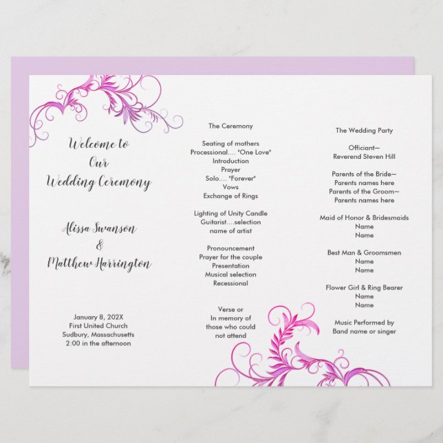 Programme de mariage Magenta Flourish Tri-fold Mod (Devant / Derrière)