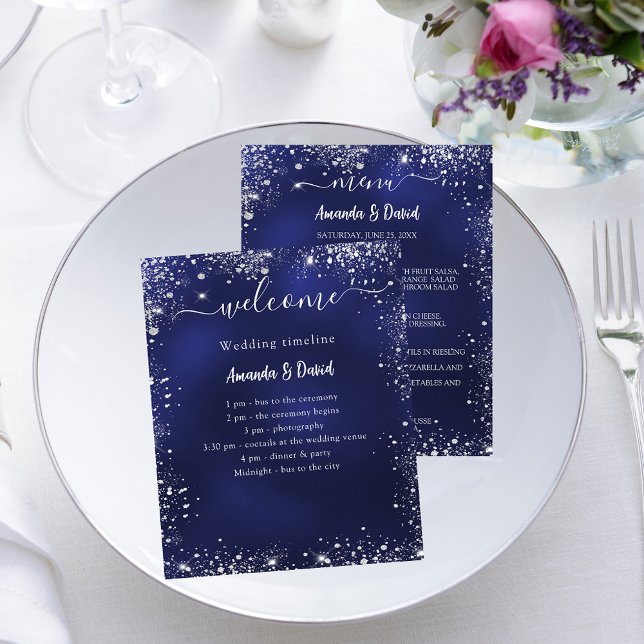 Programme de mariage Menu marine bleu argent parti (Créateur téléchargé)