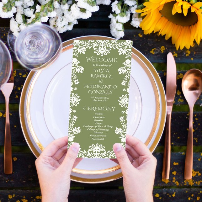 programme de mariage mexicain vert sauge Talavera (Talavera folk art sage green Mexican wedding program)