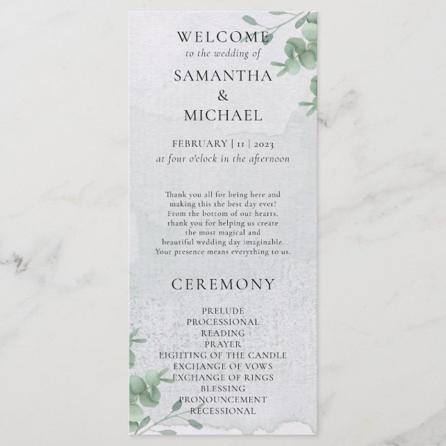 Programme de mariage minimal moderne Eucalyptus (Devant)