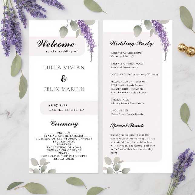 Programme de mariage minimaliste lavande eucalyptu (Créateur téléchargé)