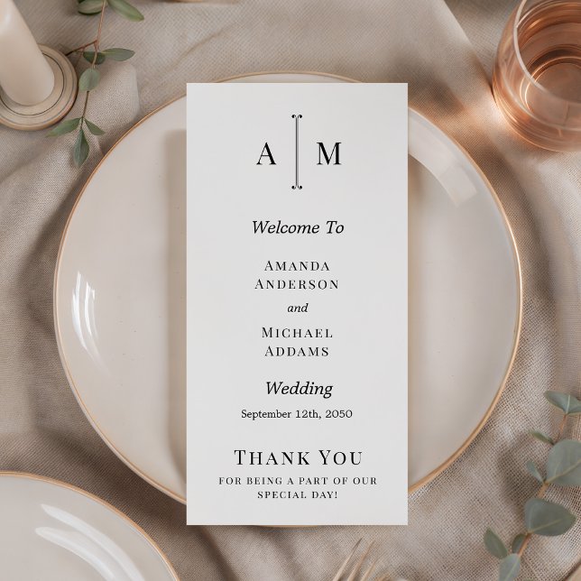  Programme de mariage minimaliste monogramme noir  (Créateur téléchargé)