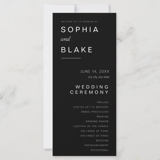 Programme de Mariage Minimaliste Noir Simple (Devant)