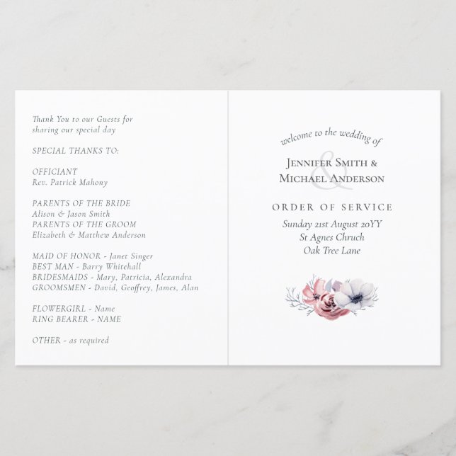 Programme de mariage Modèle Ordre de service (Devant)