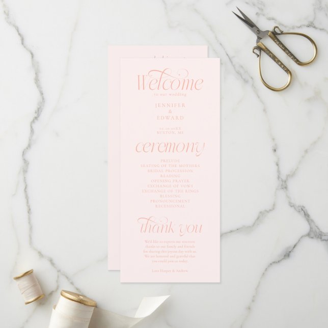 Programme de mariage moderne à la typographie pêch (Devant/Arrière en situation)
