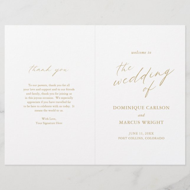 Programme de mariage moderne avec calligraphie dor (Devant)