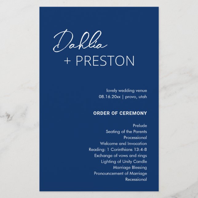 Programme de mariage moderne bleu marine minimalis (Devant)
