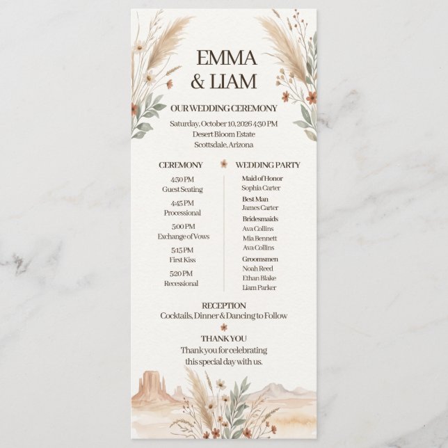 Programme de mariage moderne boho désert en terre  (Devant)