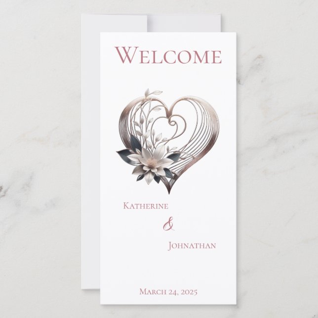 Programme de mariage-Moderne Coeur rose avec Fleur (Devant)