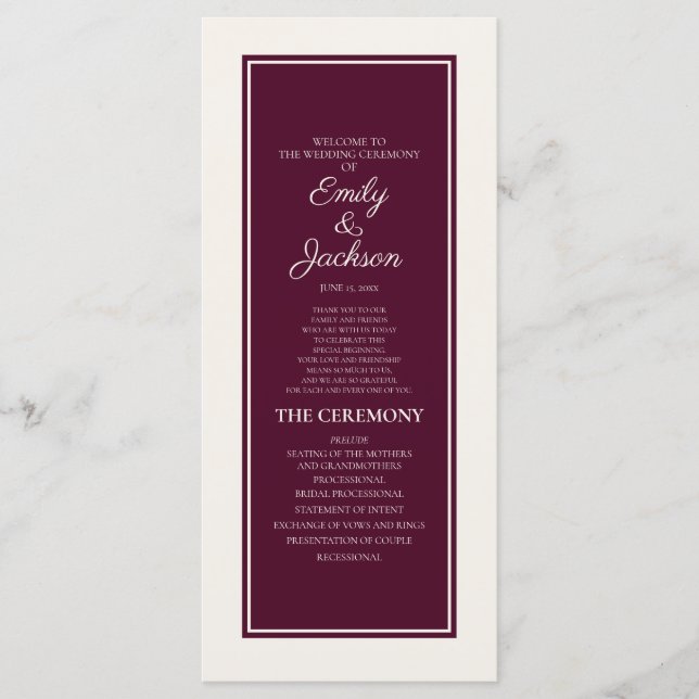 Programme de mariage moderne crème et burgundy (Devant)