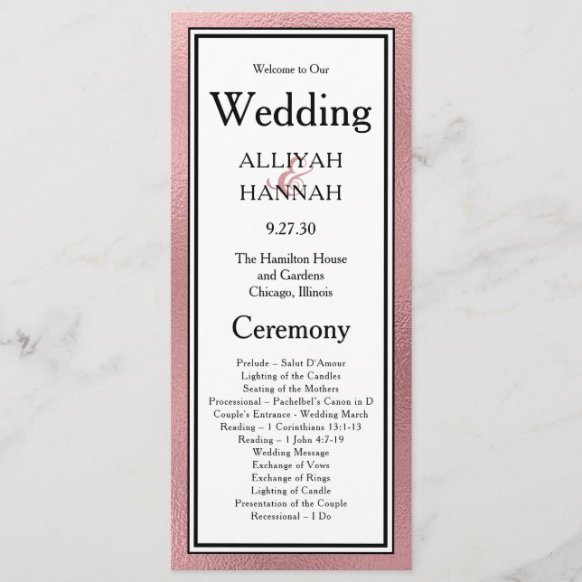 Programme de mariage moderne en or rose LGBTQ (Devant)