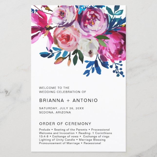 Programme de mariage moderne floral rose élégant (Devant)