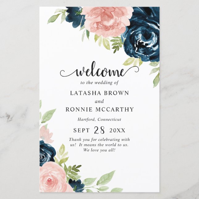 Programme de mariage moderne floral rose Navy Blue (Devant)
