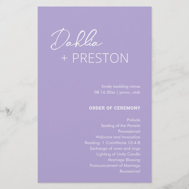 Programme de mariage moderne lilas minimaliste (Devant)