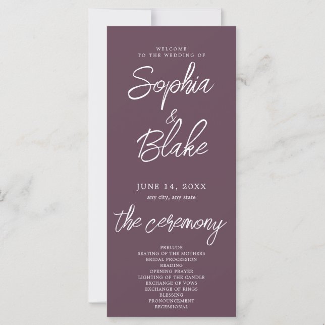 Programme de mariage moderne minimaliste aubergine (Devant)