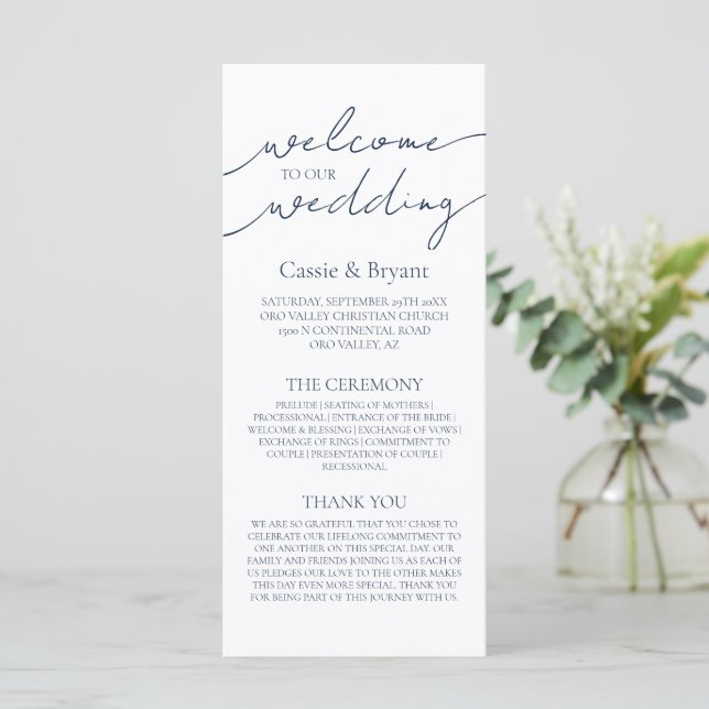 Programme de mariage moderne minimaliste bleu mari (Debout devant)