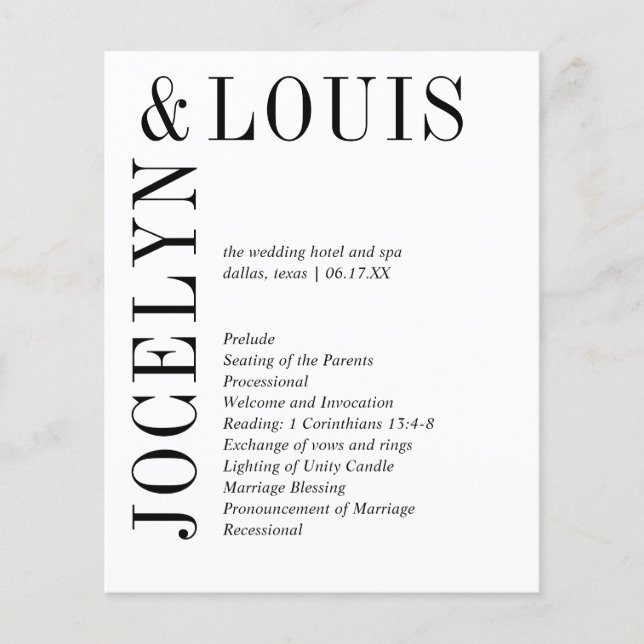 Programme de mariage moderne noir et blanc gras (Devant)