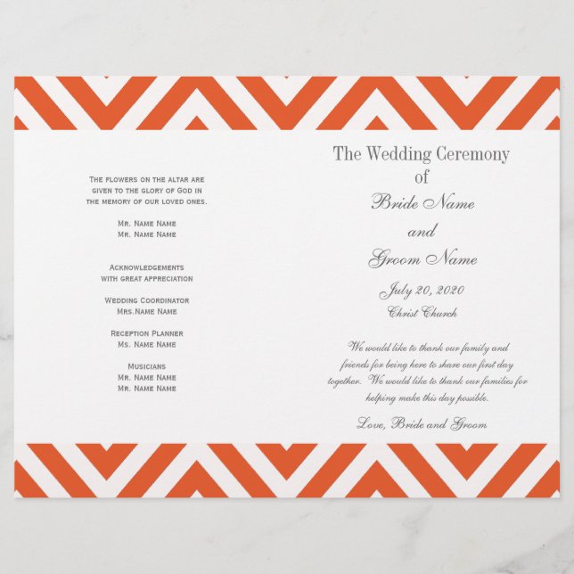 Programme de mariage moderne Orange Grey Chevron (Devant)