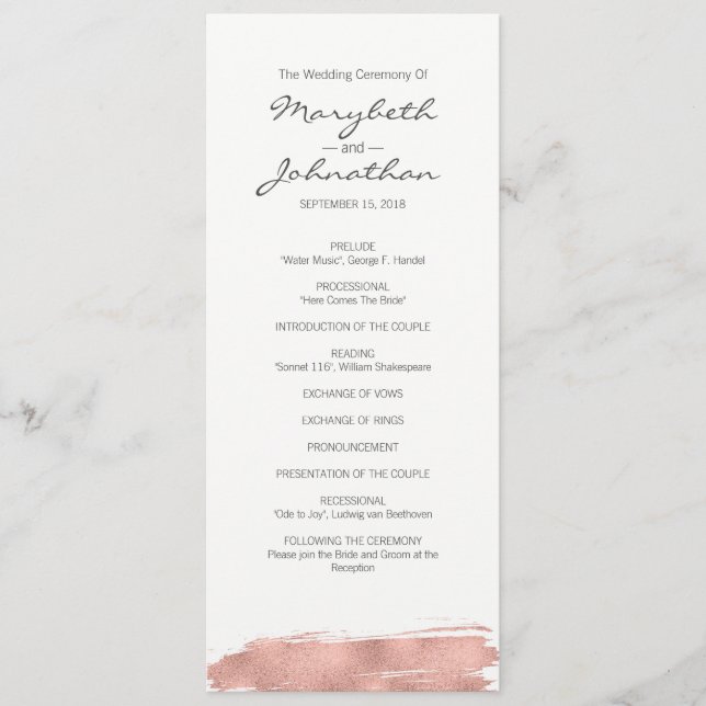 Programme de mariage moderne Rose Gold Brushstroke (Devant)