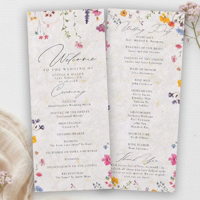 Programme de mariage moderne rose jardin de fleurs (wildflower wedding program watercolor garden backyard barn summer spring elegant romantic pink blush)