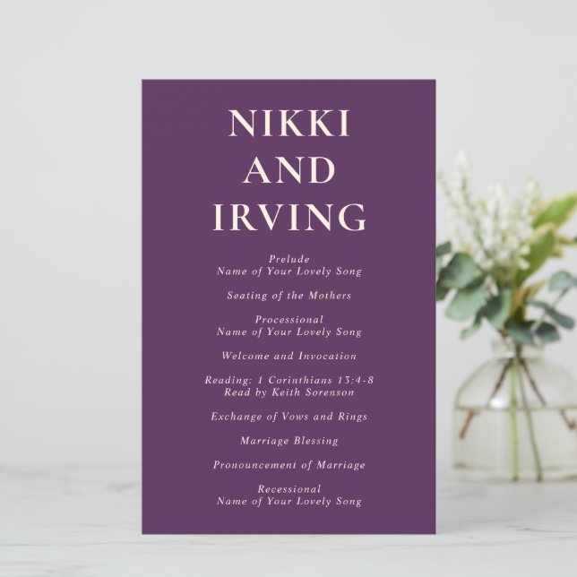 Programme de mariage moderne simple gras violet (Debout devant)