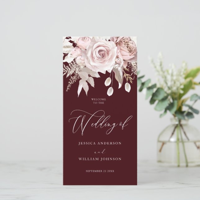 Programme de mariage moderne tendance rose bordeau (Debout devant)