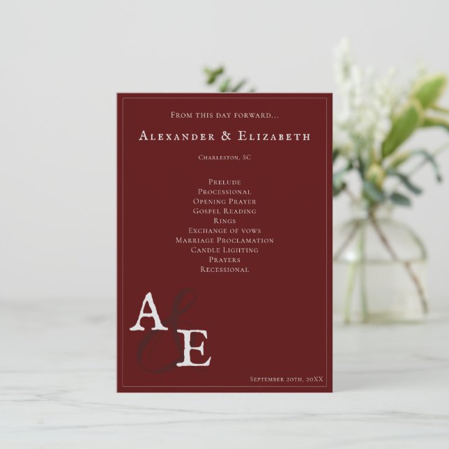 Programme de mariage monogramme minimaliste rouge (Debout devant)