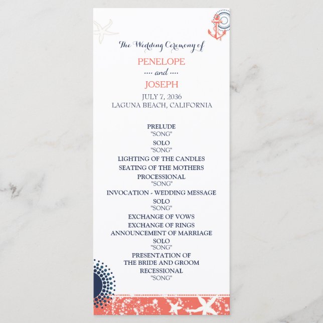 Programme de mariage nautique Coral et Marine (Devant)