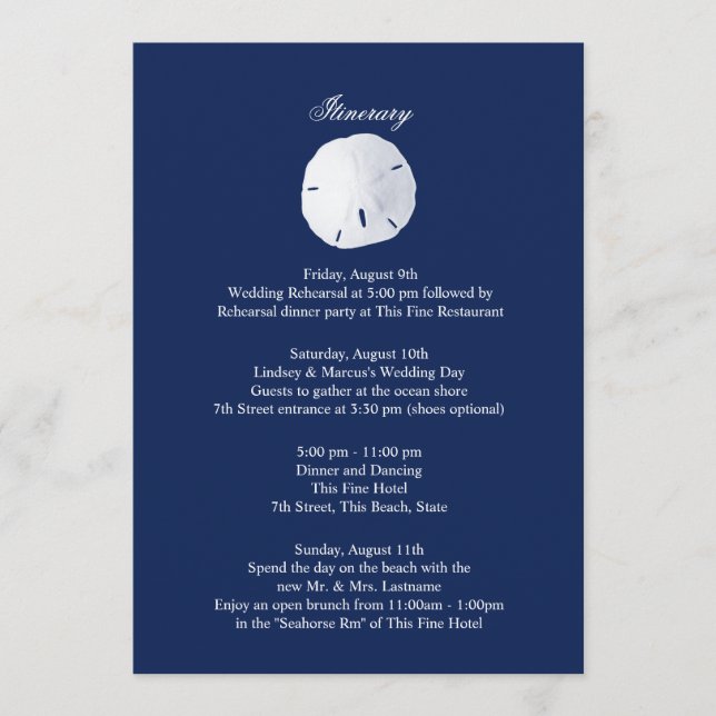 Programme de mariage Navy Blue Sand Dollar (Devant)