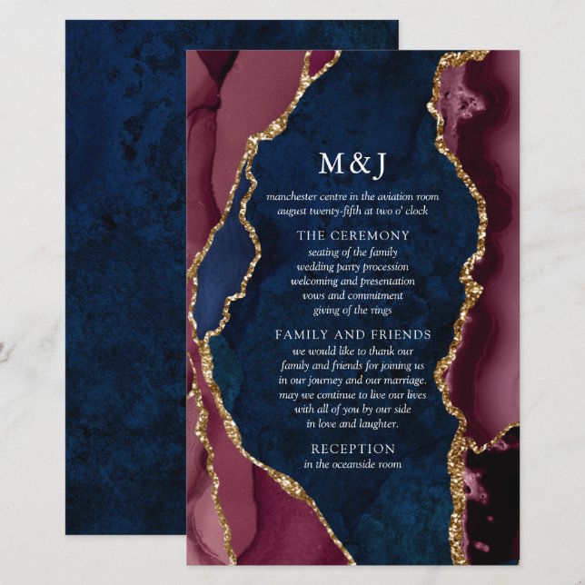 Programme de mariage Navy, Bourgogne & Agate dorée (Devant / Derrière)