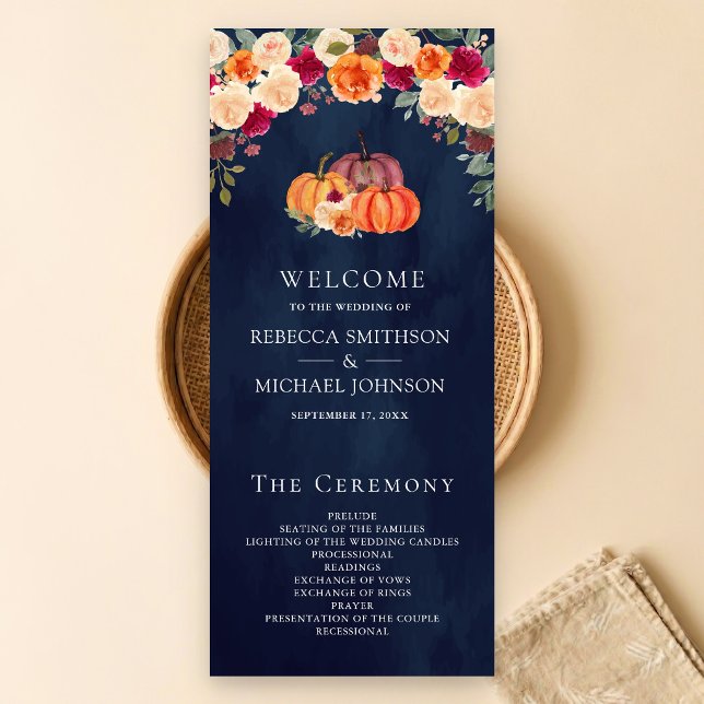 Programme de mariage Navy Floral Citrouille Orange (Créateur téléchargé)