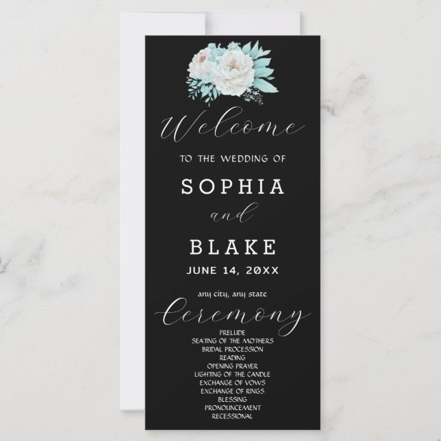 Programme de mariage noir à fleurs blanches romant (Devant)