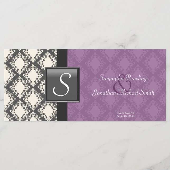 Programme de mariage - Noir Blanc Damas Monogramme (Devant)