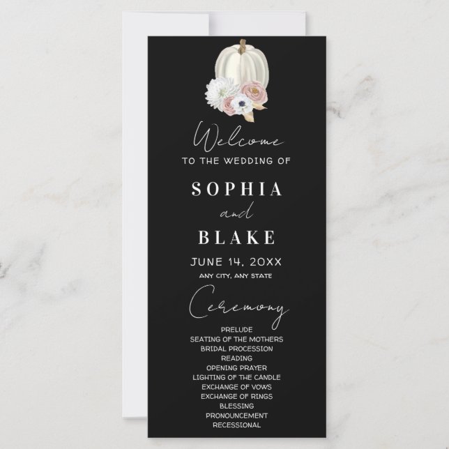 Programme de mariage noir Citrouille Florale Blanc (Devant)