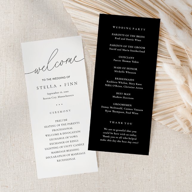 Programme de mariage noir et blanc en écriture mod (Modern Elegant Script Black & Whit Wedding Program)