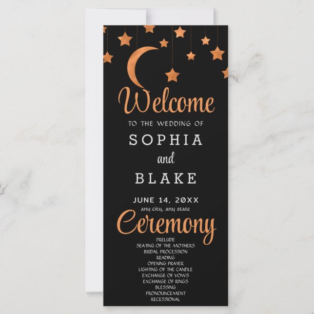 Programme de mariage noir et rose gold étoiles lun (Devant)