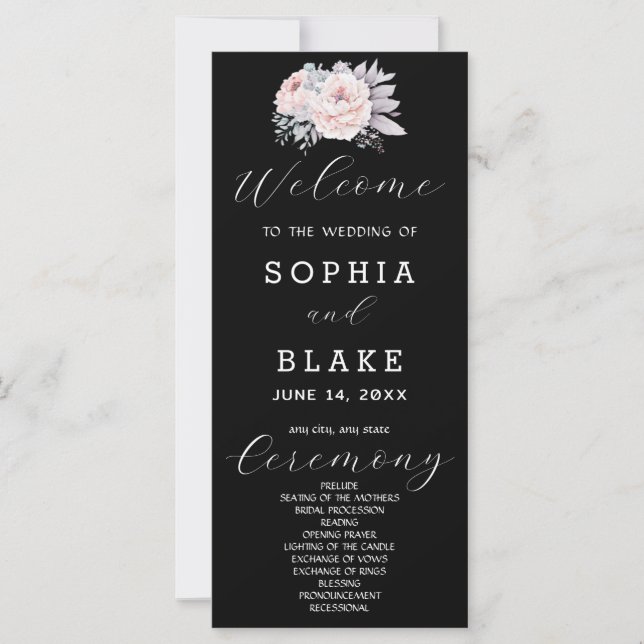 Programme de mariage noir floral rose romantique (Devant)