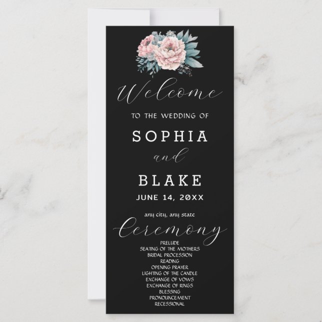 Programme de mariage noir floral rose romantique (Devant)