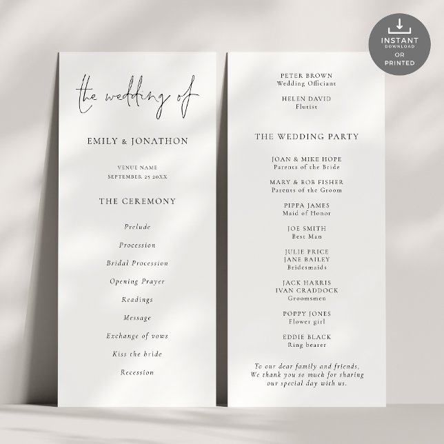 Programme de mariage noir moderne Script (Front and back view)