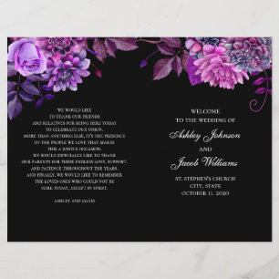 Programme de mariage noir plié. Fleurs violettes