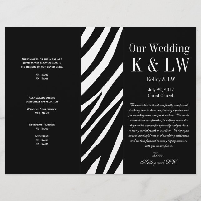 Programme de mariage noir Zebra Stripes Motif (Devant)