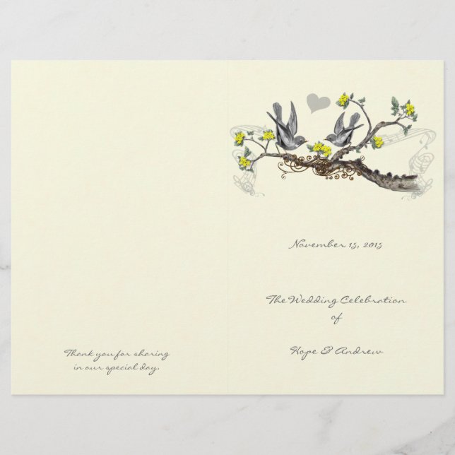 Programme de mariage oiseaux vintage jaune et gris (Devant)