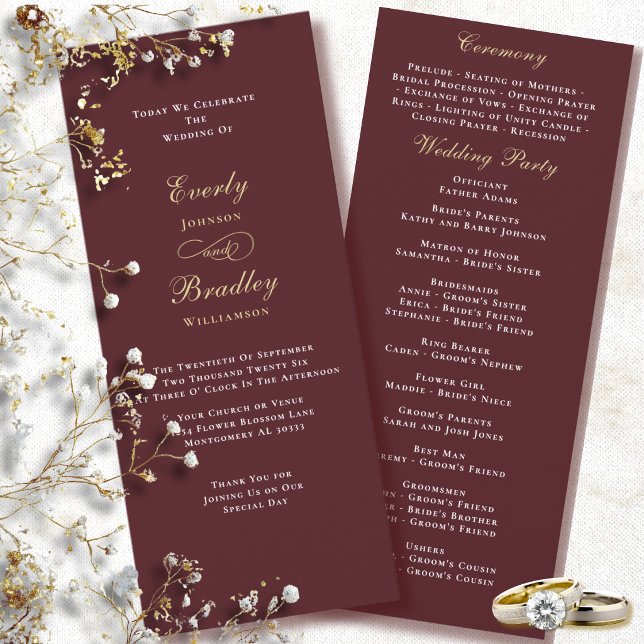Programme de mariage or blanc burgundy rouge prune (Créateur téléchargé)