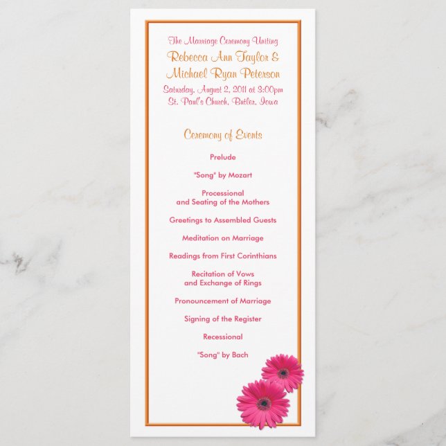 Programme de mariage orange et rose Gerbera Daisy (Devant)