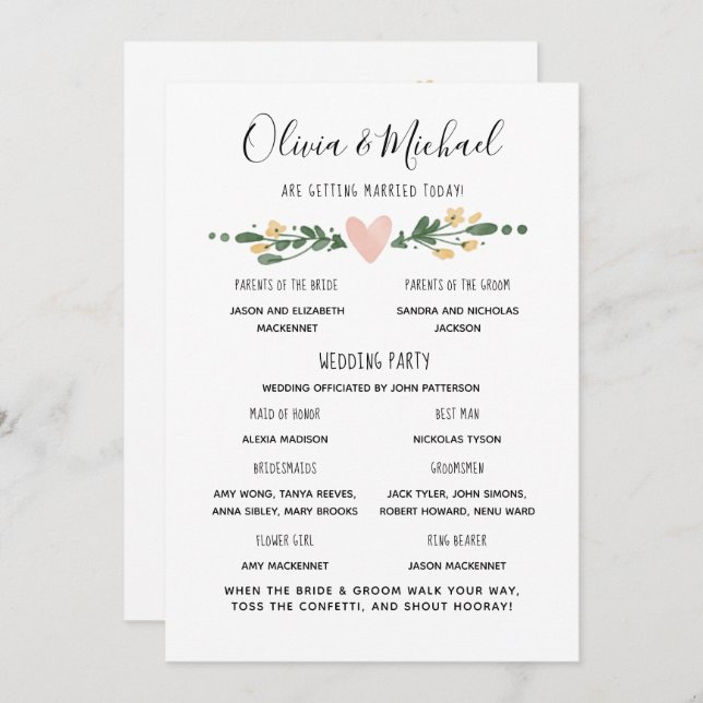 Programme de mariage Ordre des événements (Devant / Derrière)