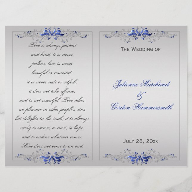 Programme de mariage Ornate Blue Silver Floral Swi (Devant)