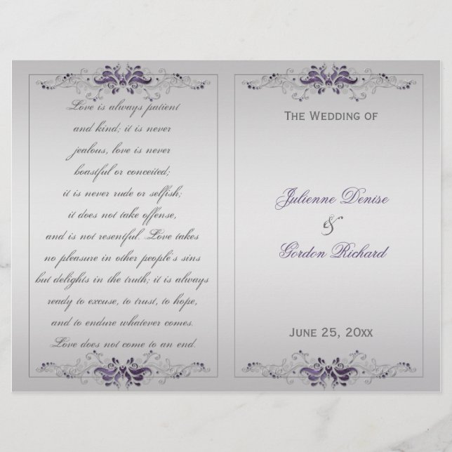 Programme de mariage Ornate Purple Argent Floral F (Devant)